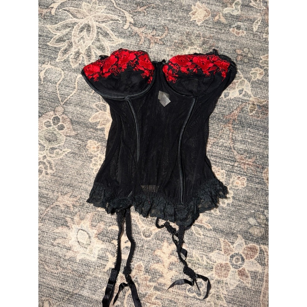 Vintage 1995 Victorias Secret Black Red Lace Corset Bustier Top Lingerie